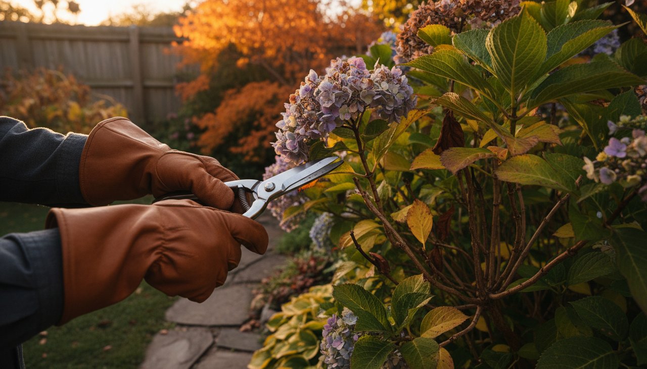 Mains gantées taillant un hortensia macrophylla avec un sécateur propre et affûté