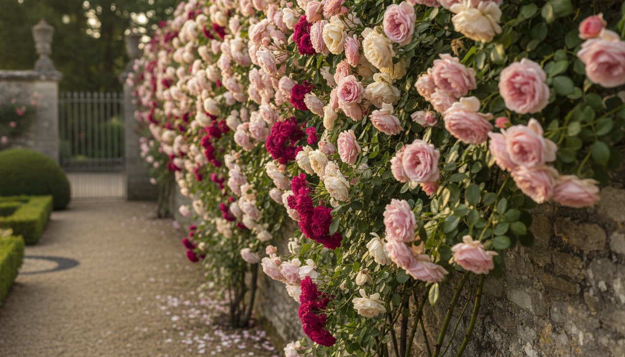 Rosiers grimpants en pleine floraison sur un mur de pierre, avant la taille d'été