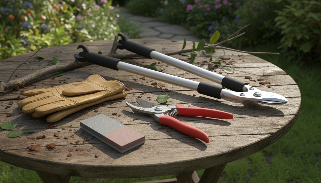 Outils de taille pour rosiers : sécateur, cisaille et gants résistants posés sur une table de jardin
