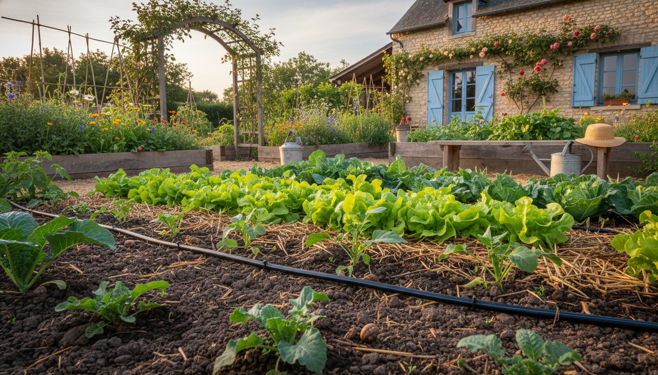 Tuyau goutte-à-goutte serpentant entre les rangs de légumes au potager