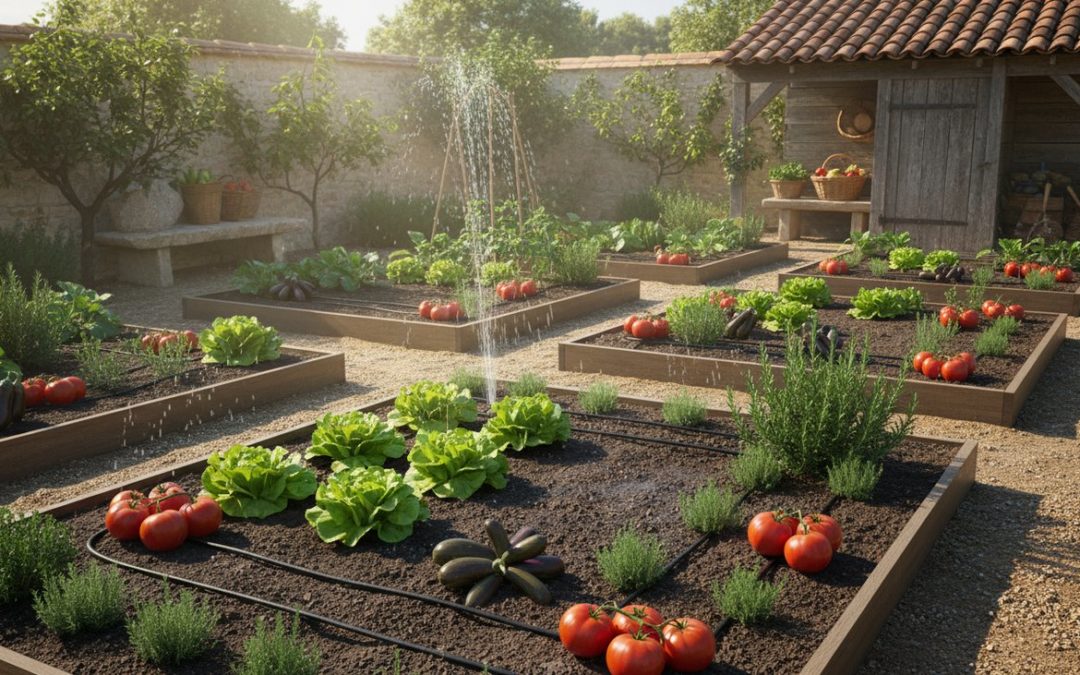 Système d'arrosage goutte-à-goutte fonctionnant dans un potager bien organisé