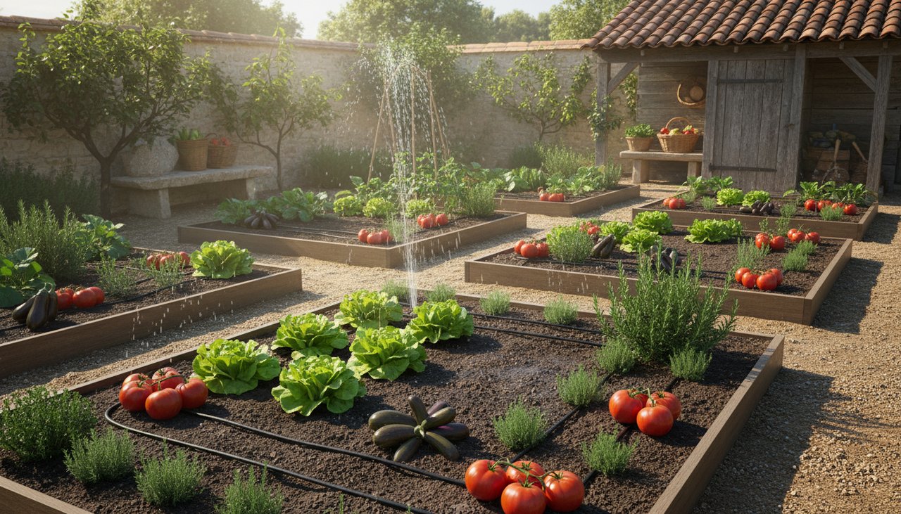 Système d'arrosage goutte-à-goutte fonctionnant dans un potager bien organisé