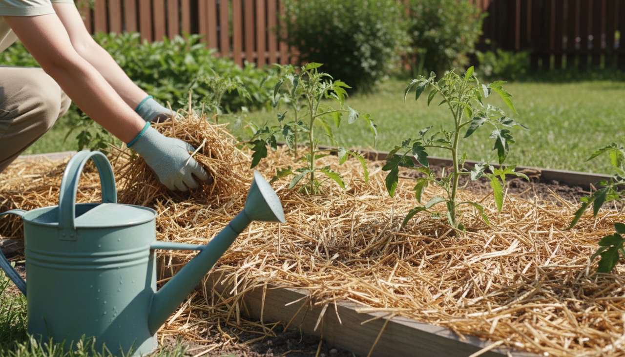Étalement de paille en couche de 8 cm autour de plants de tomates dans un potager au début de l'été avec arrosoir