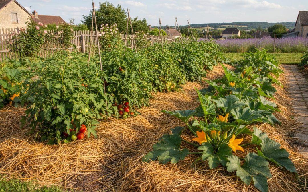 Potager avec paillage de paille fraîche autour de plants de tomates et courgettes en été dans un jardin français