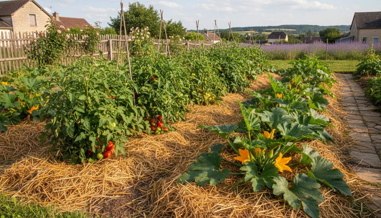 Potager avec paillage de paille fraîche autour de plants de tomates et courgettes en été dans un jardin français