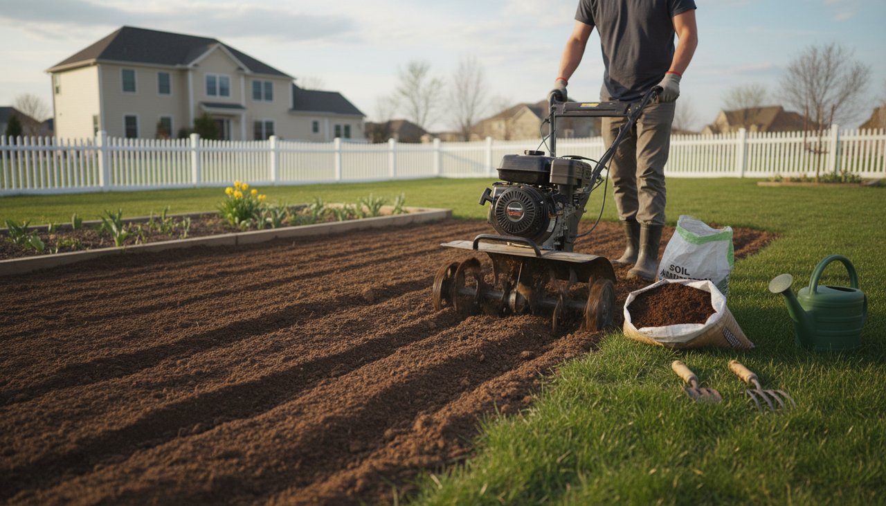 Préparation du sol au motoculteur dans un jardin avant le semis du gazon avec terreau et amendement