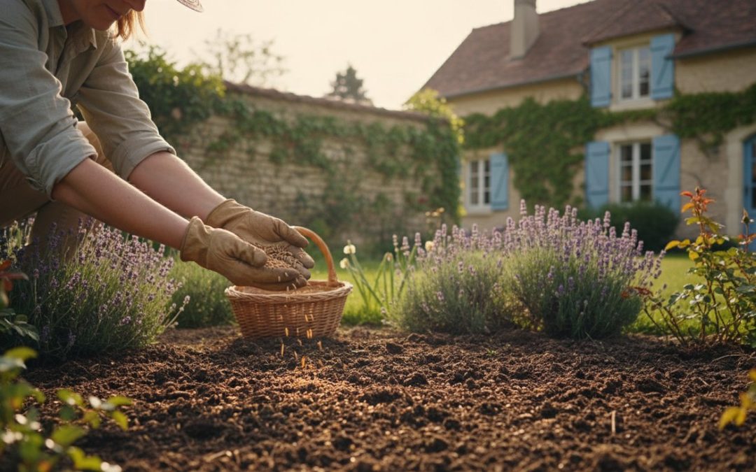 Personne semant du gazon à la volée sur sol fraîchement préparé dans un jardin résidentiel français au printemps
