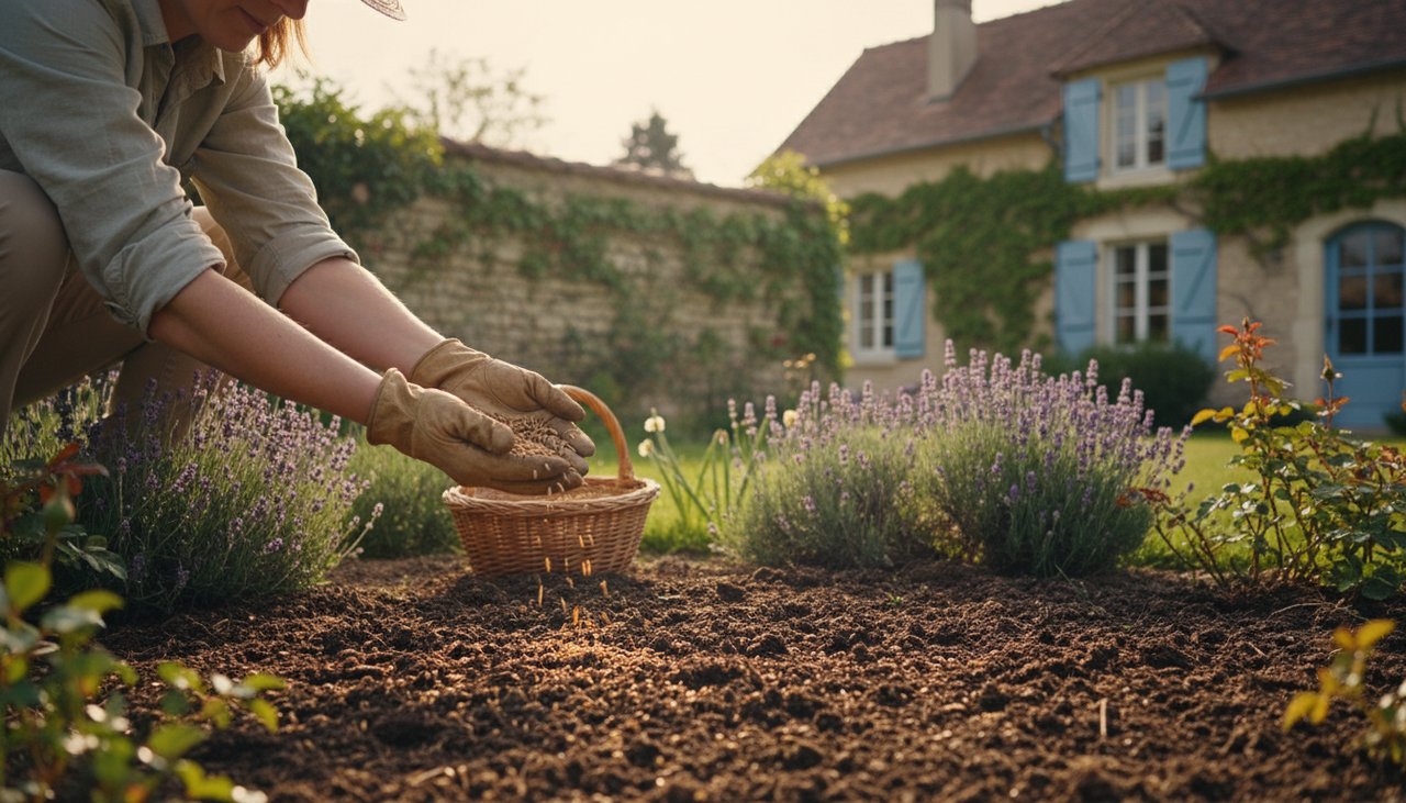 Personne semant du gazon à la volée sur sol fraîchement préparé dans un jardin résidentiel français au printemps